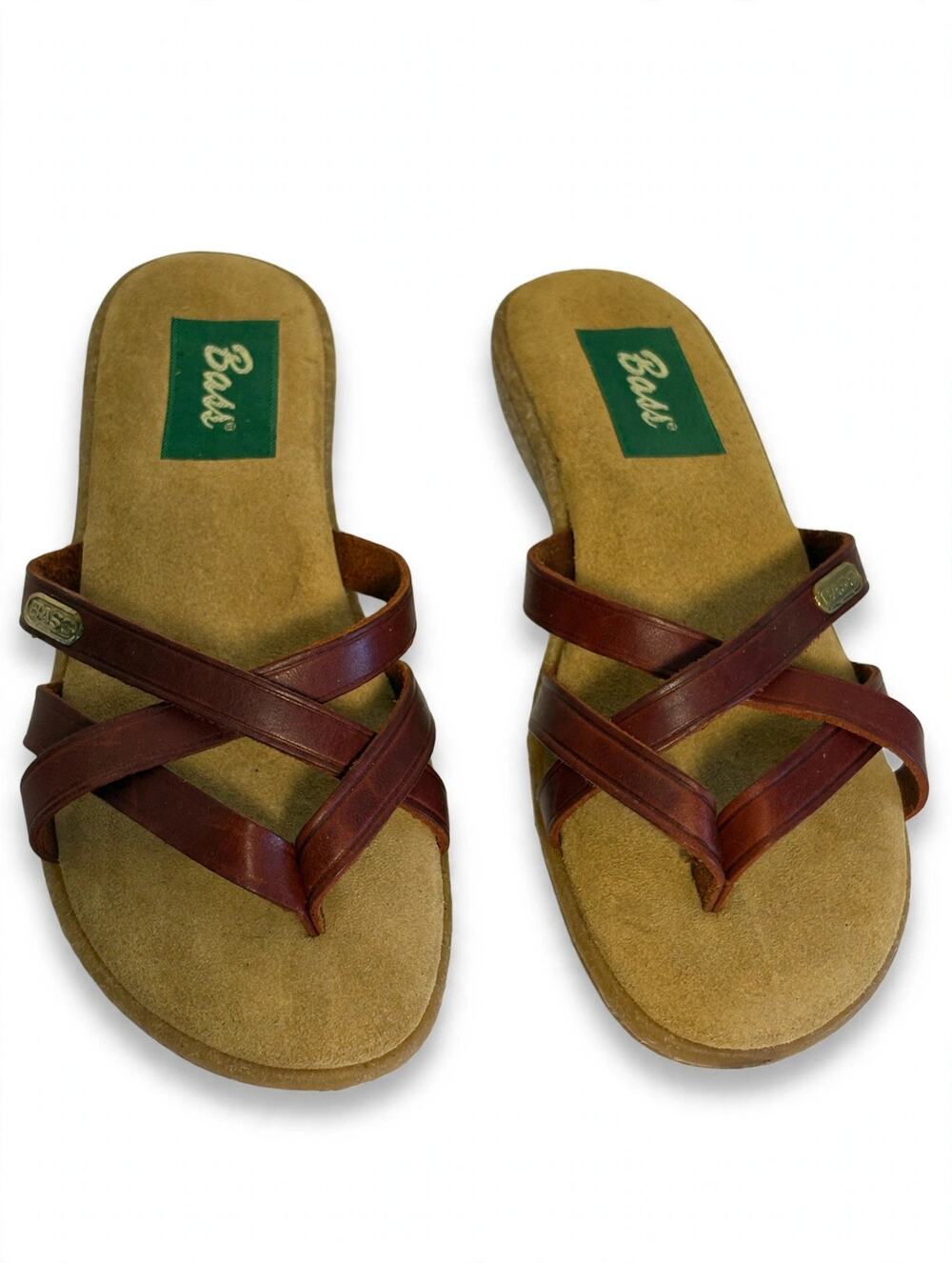 Bass Sunjuns Sharon Brown Leather Crisscross Thong Sandals 7M NIB